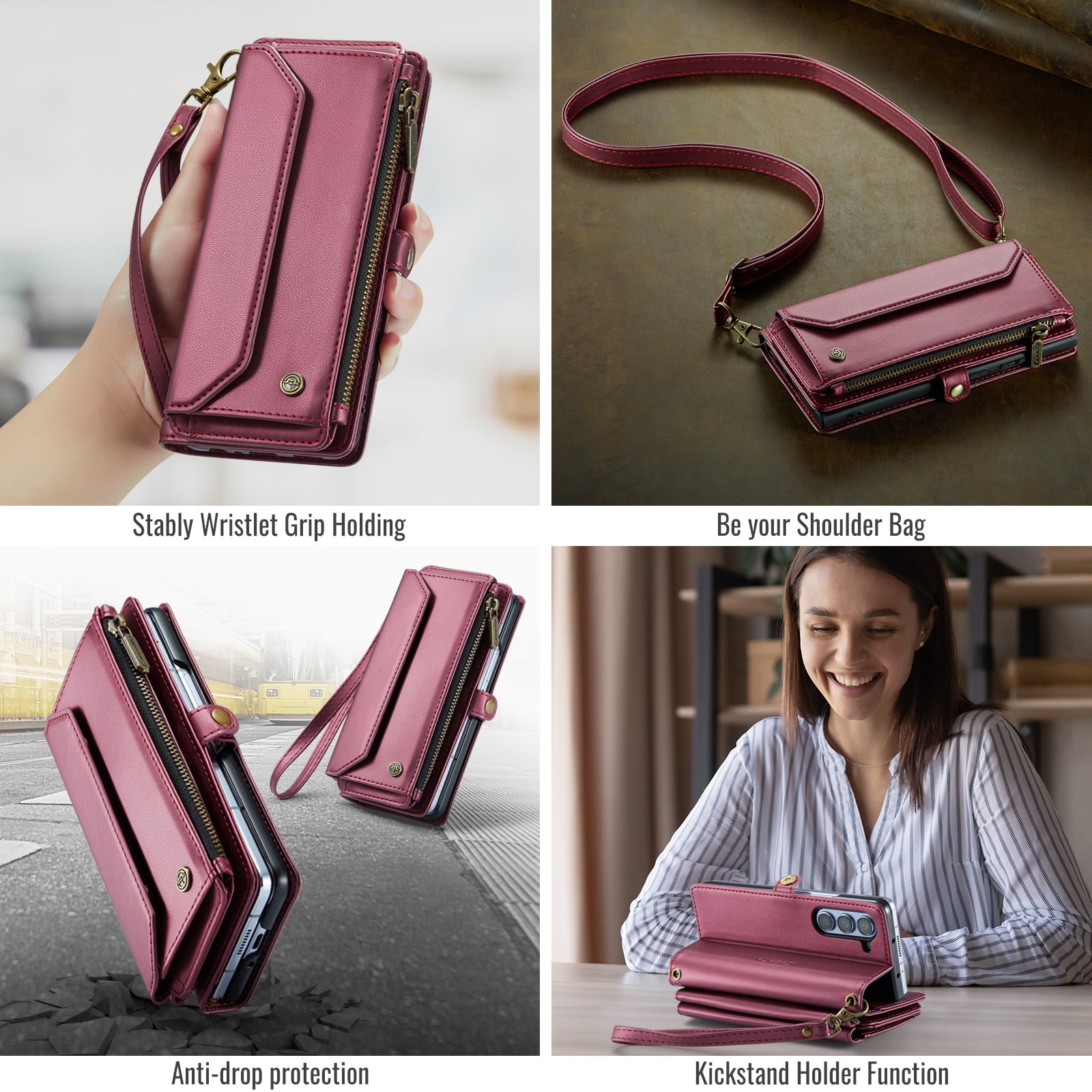 Allytechgroup Crossybody Purse Wallet Case for Samsung Galaxy Z Fold 6, RFID Blocking Zipper Pocket Shoulder Strap Hand Wrist Flip Shockproof Phone Case for Girls Women, Winered