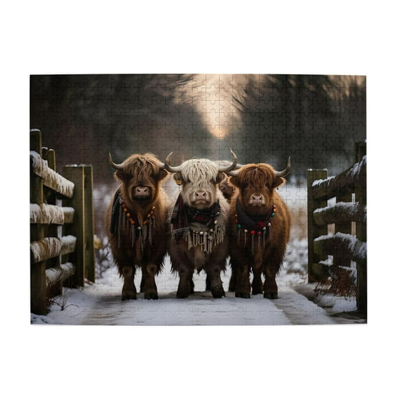 500-Piece Wooden Jigsaw Puzzle for Adults - Highland Cattle In Winter Scene , Fun & Relaxing Interlocking No-Dust Puzzle for Family, Home Decor & Holiday Gifts