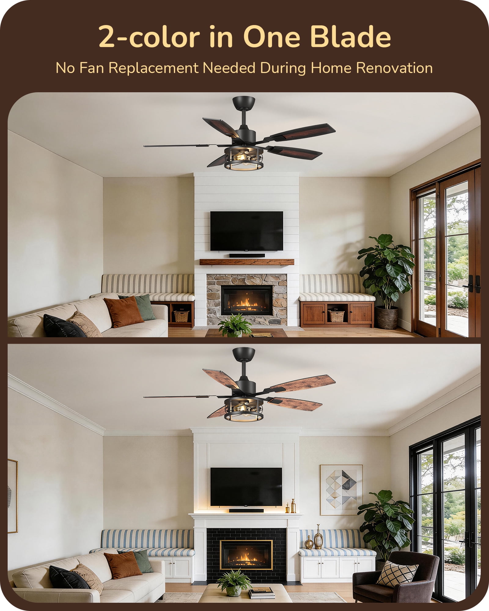 EDISHINE 52" Farmhouse Ceiling Fan with Light and Remote Control, Brown, 5 Wood Blades, Rustic Farmhouse Ceiling Fan with Light for Living Room, Bedroom, Wet Rated