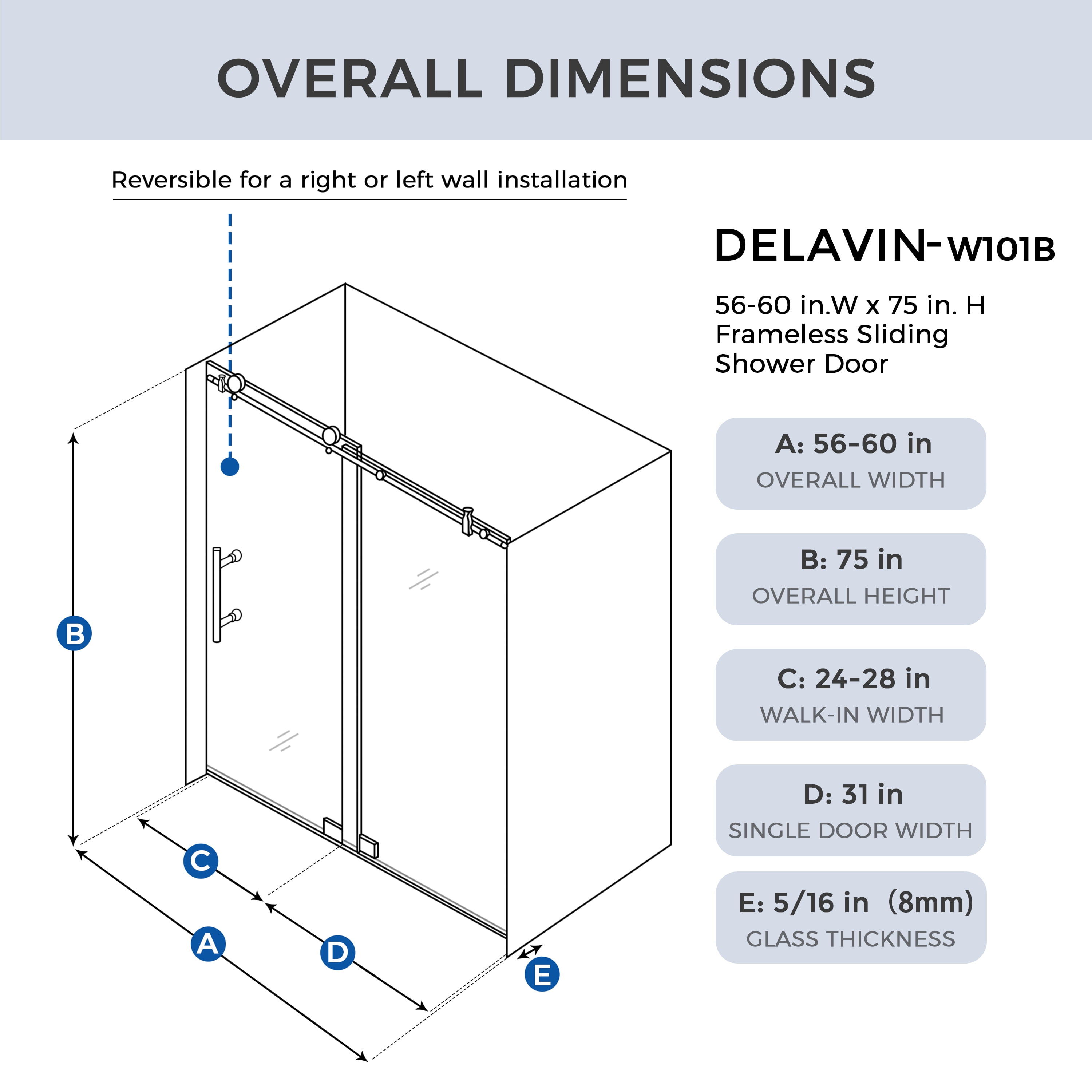 DELAVIN 56-60.in W x 75.in H Frameless Shower Door, Clear Tempered Glass, Stainless Steel Frame, Matte Black