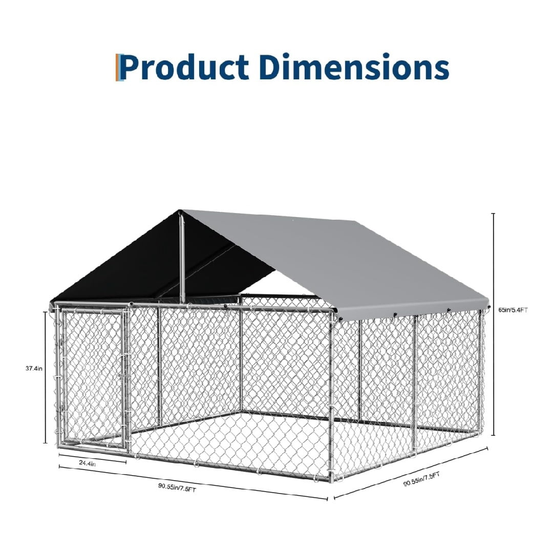 7.5×7.5×5.4 Ft Home Large Metal Outdoor Dog Kennel, Metal Wire Dog Enclosure with Waterproof Roof & Adjustable Bowls Feeder for Backyard Farm