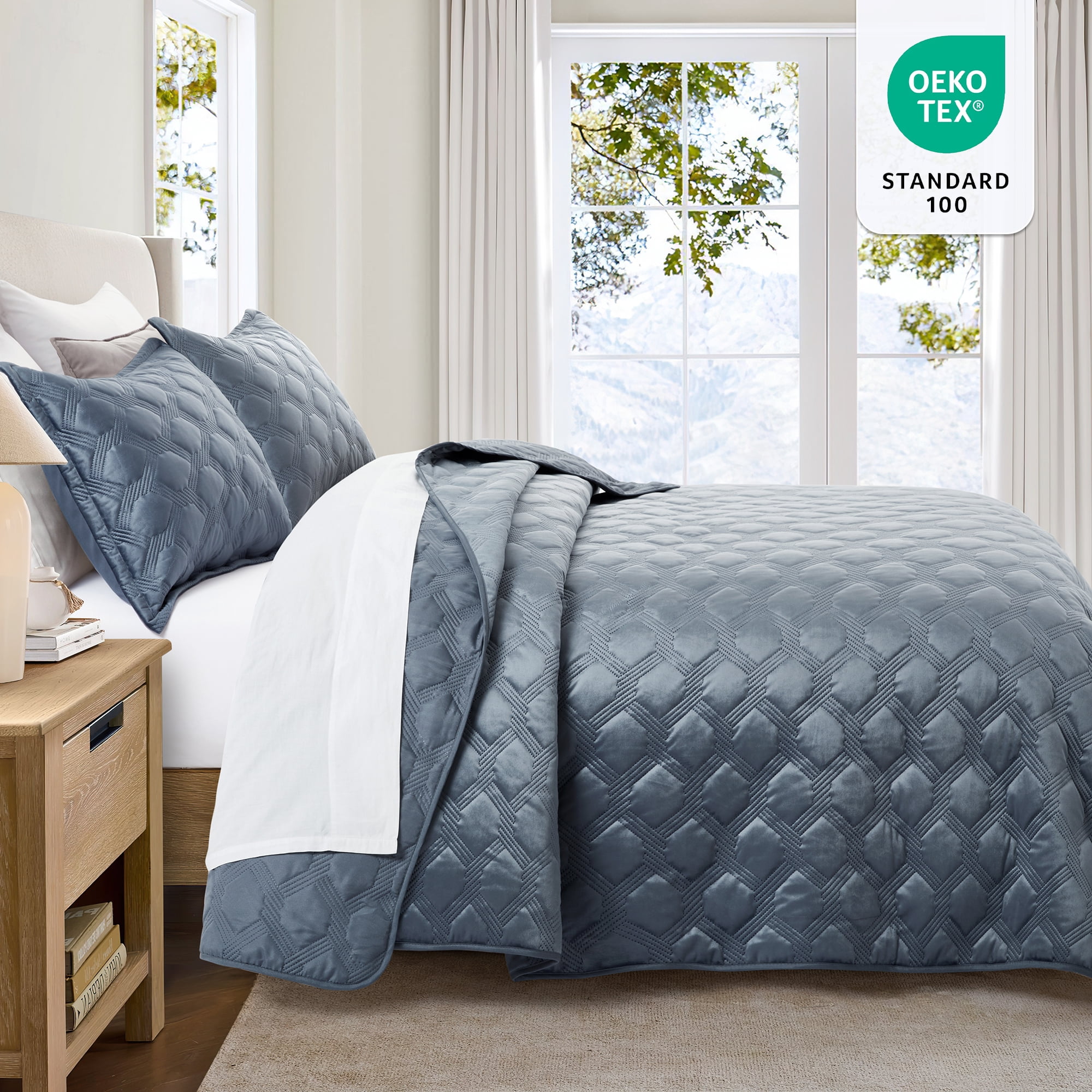 IR Imperial Rooms Luxury Velvet Quilt Set Ultrasonic Embossed Bedspread Geometric Pattern 2-Piece Soft Reversible Twin Size Bluish Gray