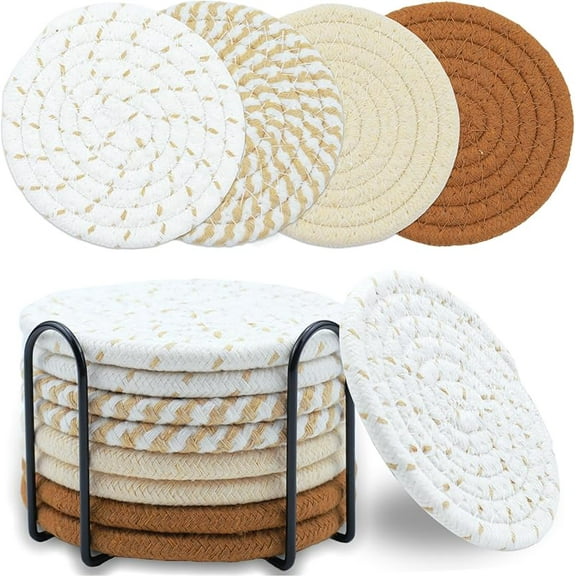 8 Pcs Drink Coasters, Minimalist Cotton Woven Coaster Set, 4 Colors Absorbent Coaster Protection Protection for Various Cups, Ideal for Coffee Tables and Home Decor Tabletop, 4.3 Inches