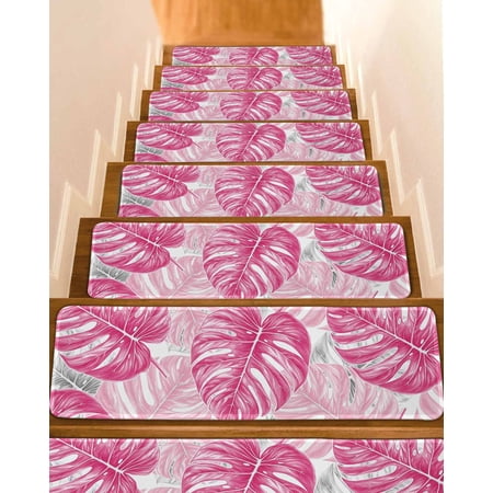 Pink Palm Leaf Stair Treads for Wooden Steps Indoor Runner Rug Carpet Tropical Vintage Grey Summer Plant 15 Pieces Peel and Stick Staircase Step Treads Covers Washable Throw Door Mats 30 x8