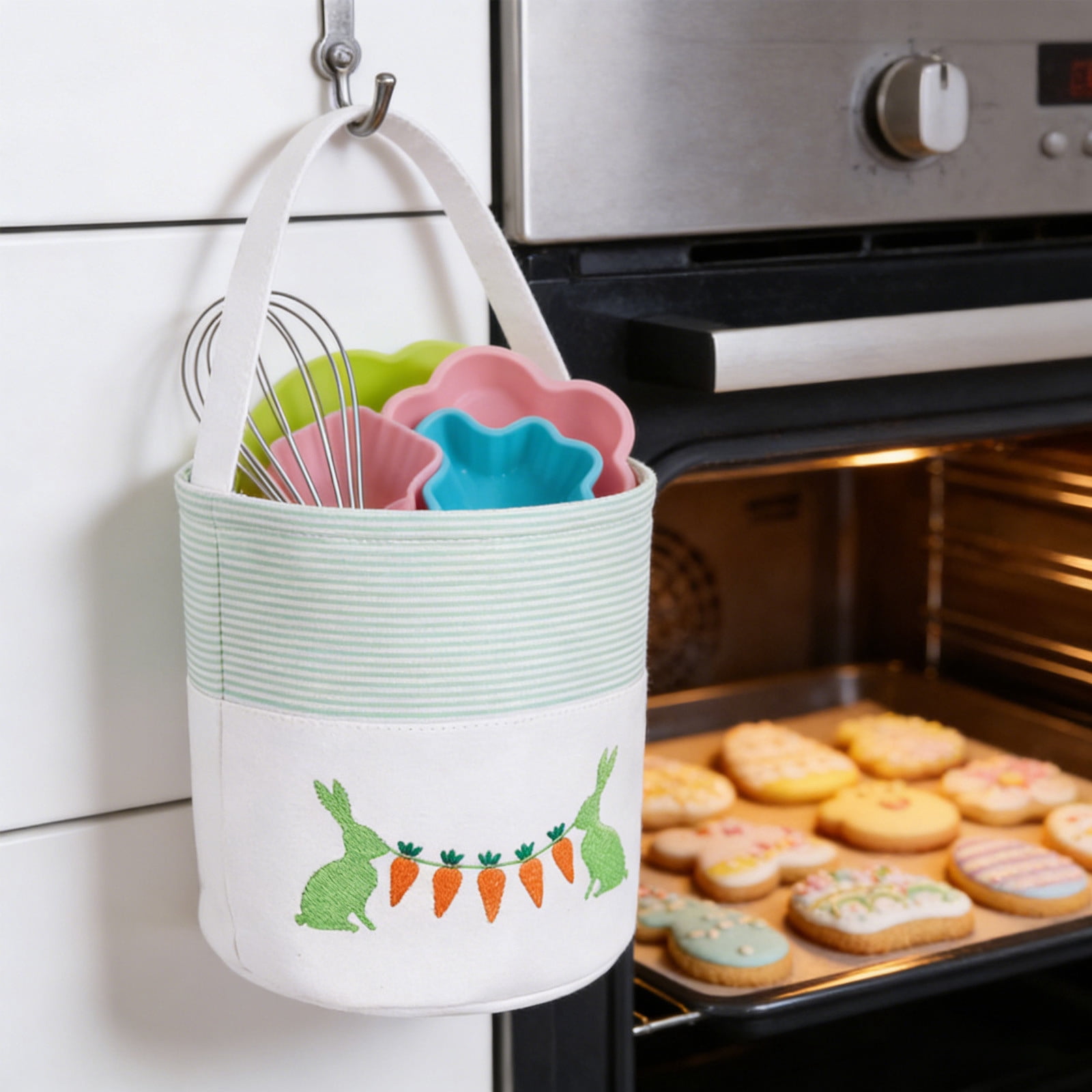 REZUOFI 3 Pcs Easter Bunny Handheld Basket with Embroidered Design for Party Favors Candy Storage and Home Decor Tote Bag for Spring Celebrations