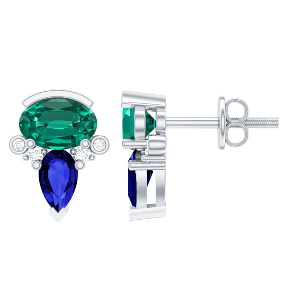 Rosec Jewels Lab Grown Sapphire Emerald Earrings (AAAA Quality) - Multi Gemstone Stud Earrings Set in Silver - Ready to Gift for Women