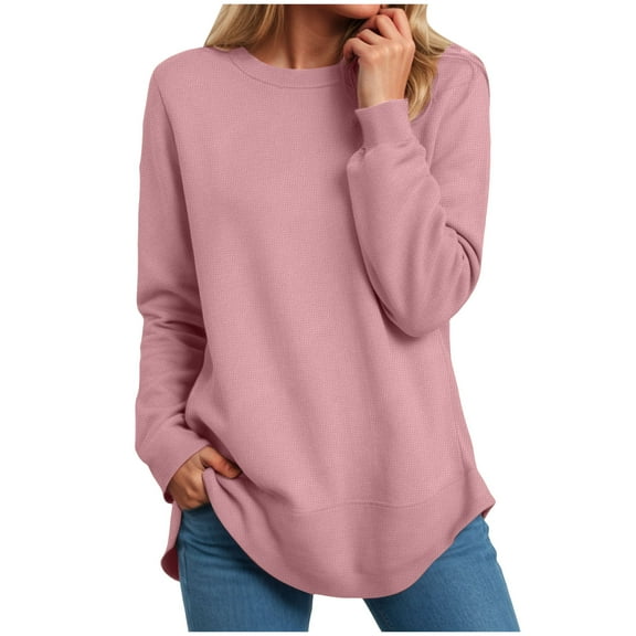 Gubotare Womens Sweatshirt Crewneck Long Sleeve Shirts High Low Tops Curved Hem (Pink,XL)