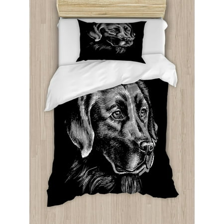 Labrador Duvet Cover Set Twin Size, Artsy Sketch Portrait of Retriever Puppy with Calm Face Best Friend Pattern, Decorative 2 Piece Bedding Set with 1 Pillow Sham, Black and Grey, by
