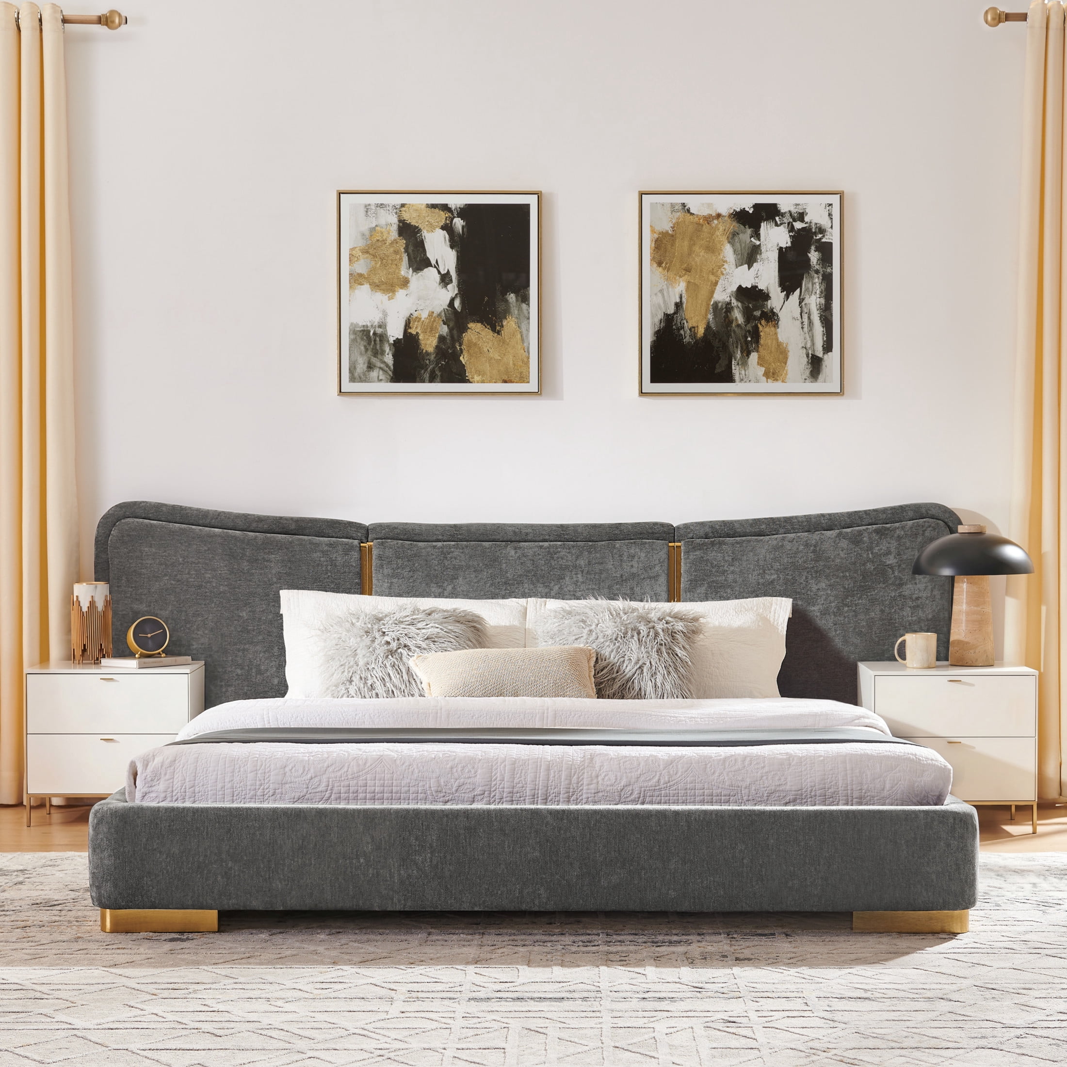 Noble House Zerra Queen Size Platform Bed, Chenille Upholstered Curved Headboard with Reinforced Metal Legs, Dark Gray