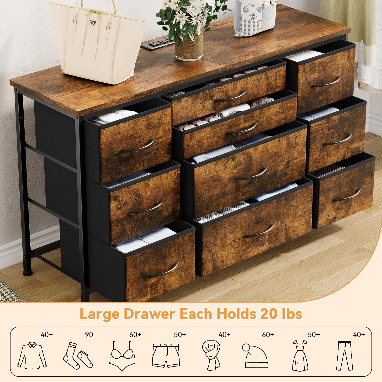 Zzistar 10-Drawer Wooden Dresser TV Stand for Living Room and Bedroom ...