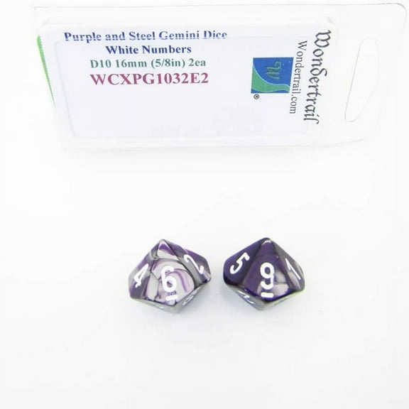 Purple and Steel Gemini Dice with White Numbers D10 Aprox 16mm (5/8in) Pack of 2 Wondertrail