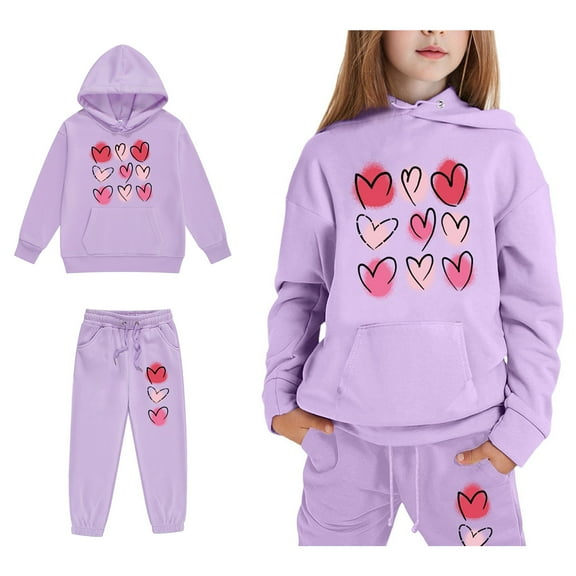 LIUYUNNN Kids Toddler Sweatsuit 2 Piece Long Sleeve Pullover Purple Heart Sweatshirt and Sweatpants Fall Clothes Tracksuit Jogging Outfits Set 10-11 Years Boys Girls Autumn and Winter Outfits