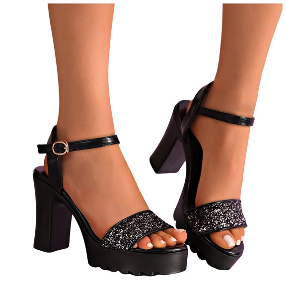 Rokment Bling Sequin Platform Dressy Sandals for Women Bride Wedding Summer Casual Leather Open Toe Ankle Strap Chunky Heels Dress Pumps Shoes