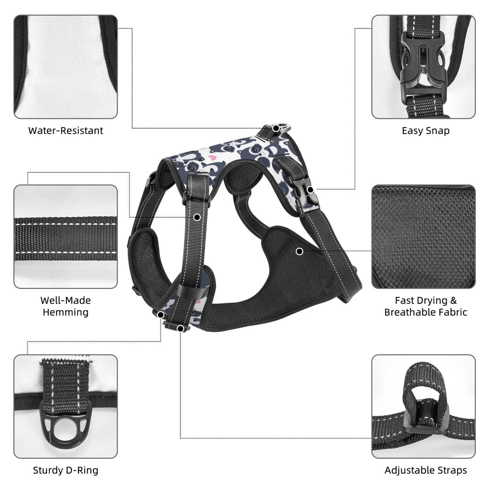 Kdxio Cartoon Raccoon Print No Pull Dog Harness Adjustable Reflective Oxford Easy Control Medium Large Dog Harness for Training and Everyday-Small
