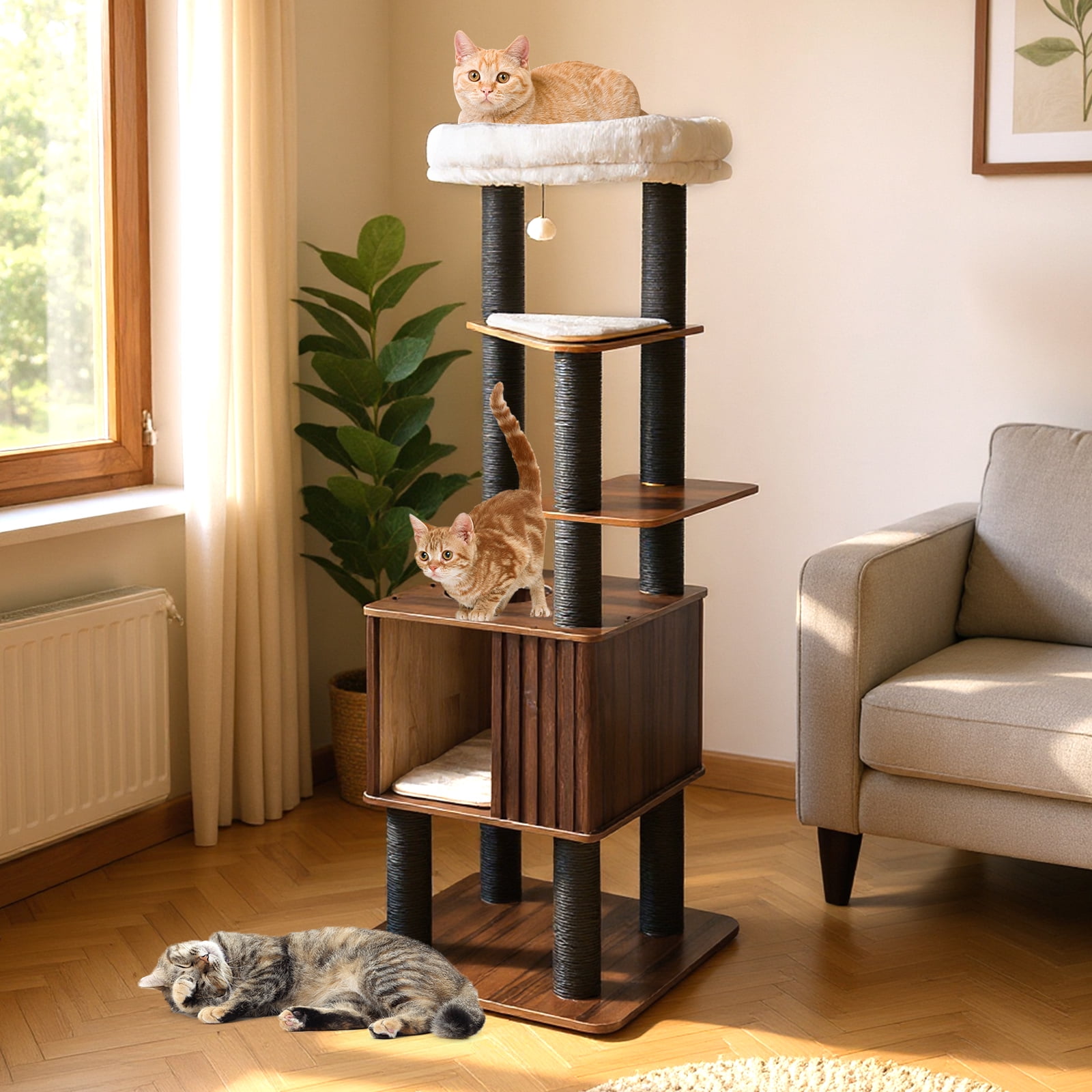 Gymax 64'' Tall Cat Tree for Indoor Cat Wooden Cat Tower Top Perch w/ Soft Padding Large Fence Style Cat Condo