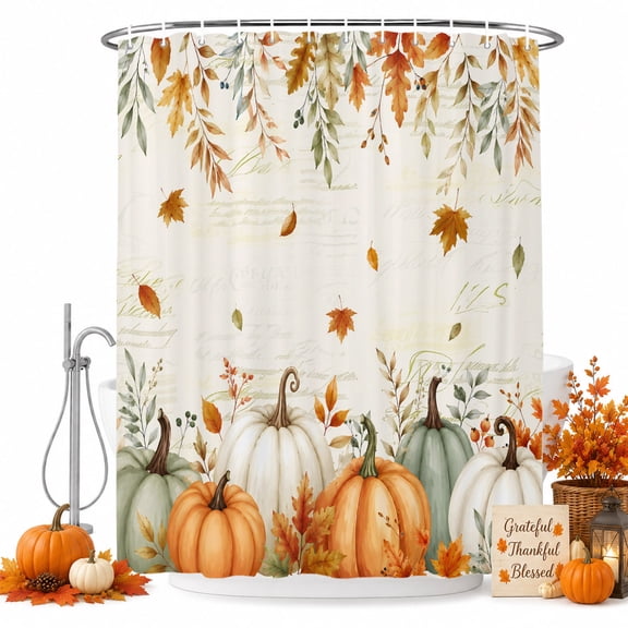 Thanksgiving Fall Shower Curtain, Orange Green Pumpkin Maple Leaf Country Rustic Waterproof Shower Curtain Set with 12 Hooks Lightweight Bath Curtains Fabric Bathroom Decor 48x72 Inches