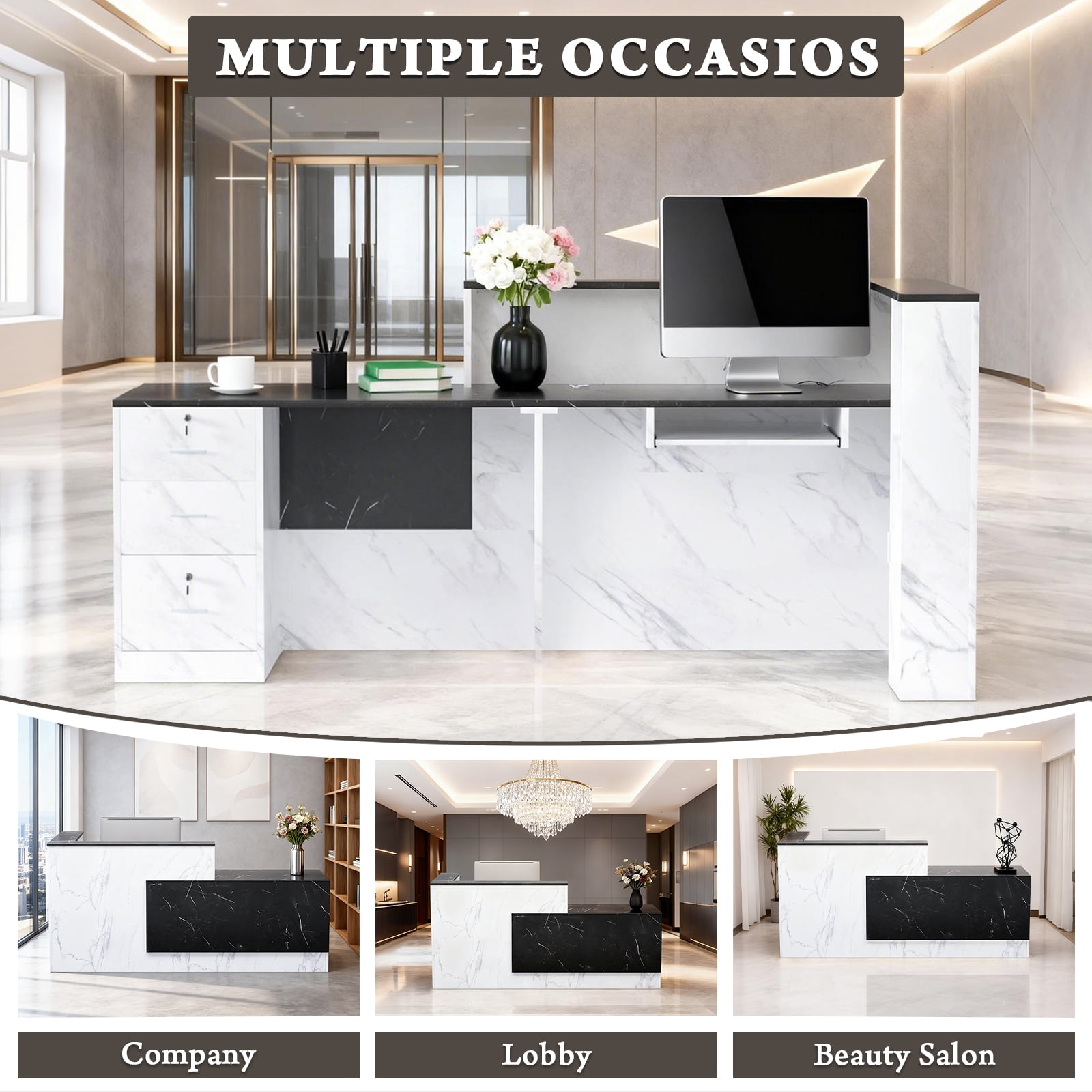 Esheno 71in Reception Desk Wood Front Counter Black White Matte Right Side Cabinet for Office School