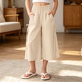 thumbnail image 2 of VBEWZET Girls Ice Silk Wide Leg Culottes, Elastic Waist Flowy Capri Pants Elastic Waist Casual Summer Trousers for Kids & 5-15 Years Beige 7-8 Years, 2 of 6