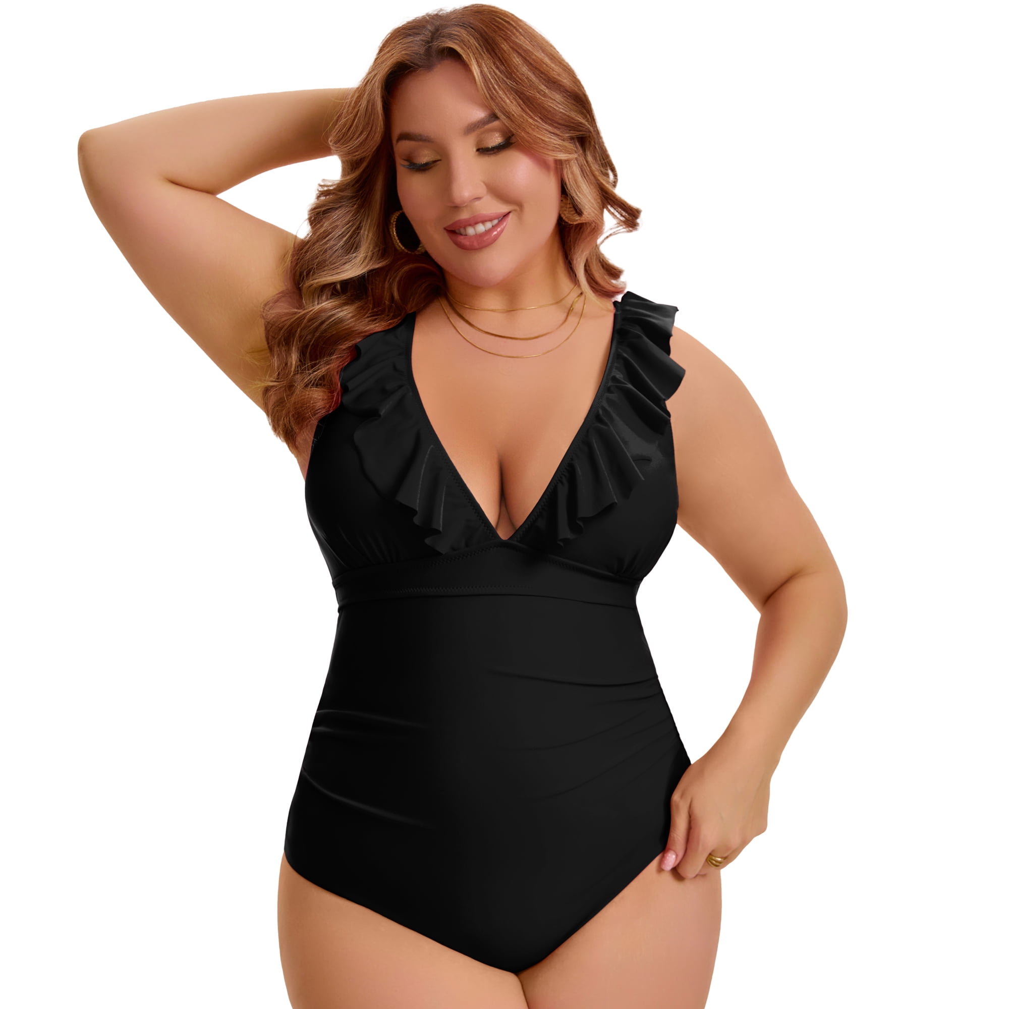 DARING DIVA Women's Plus Swimsuit Ruffled V Neck Tummy Control Bathing Suit L Black