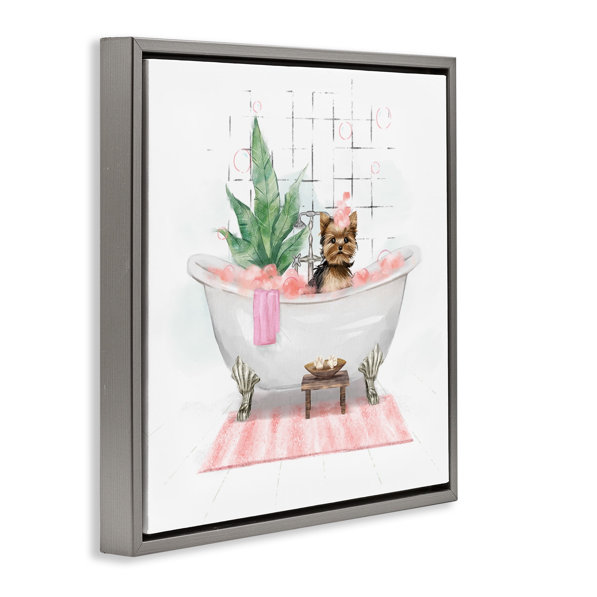 Stupell Industries Chic Yorkie Dog in Bubble Bath Animals & Insects Painting Gray Floater Framed Canvas Art Print Wall Art, 18 x 18