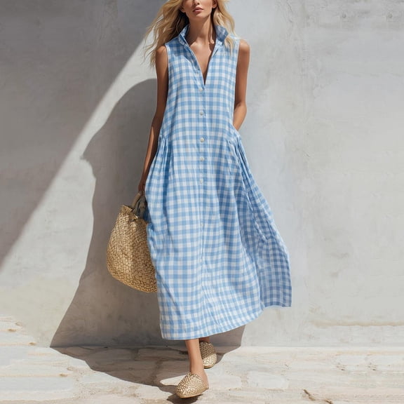 Asgosdo Women Dresses Collared Sleeveless V Neck Grid Botton Loose Fit Casual Trendy Beach Maxi Dress