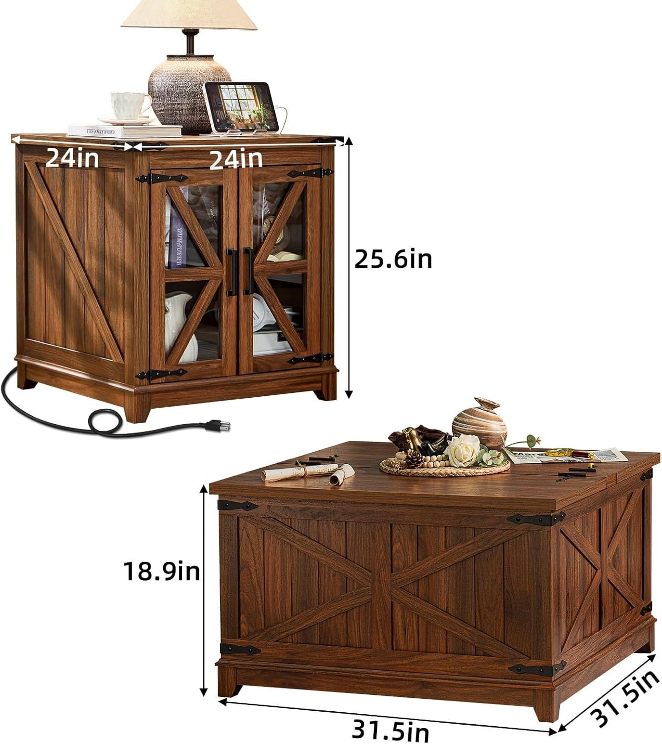 Joaxswe 3-Piece Coffee Table Set with Flips-up Rectangular Coffee Table and 2 End Tables with Charging Station, Hidden Storage and Modern Design for Living Room, Brown