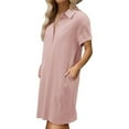 thumbnail image 4 of AherBiu Cotton Linen Dresses for Women Short Sleeve 1/4 Button Lapel V Neck Summer Lightweight Dress with Pockets, 4 of 5