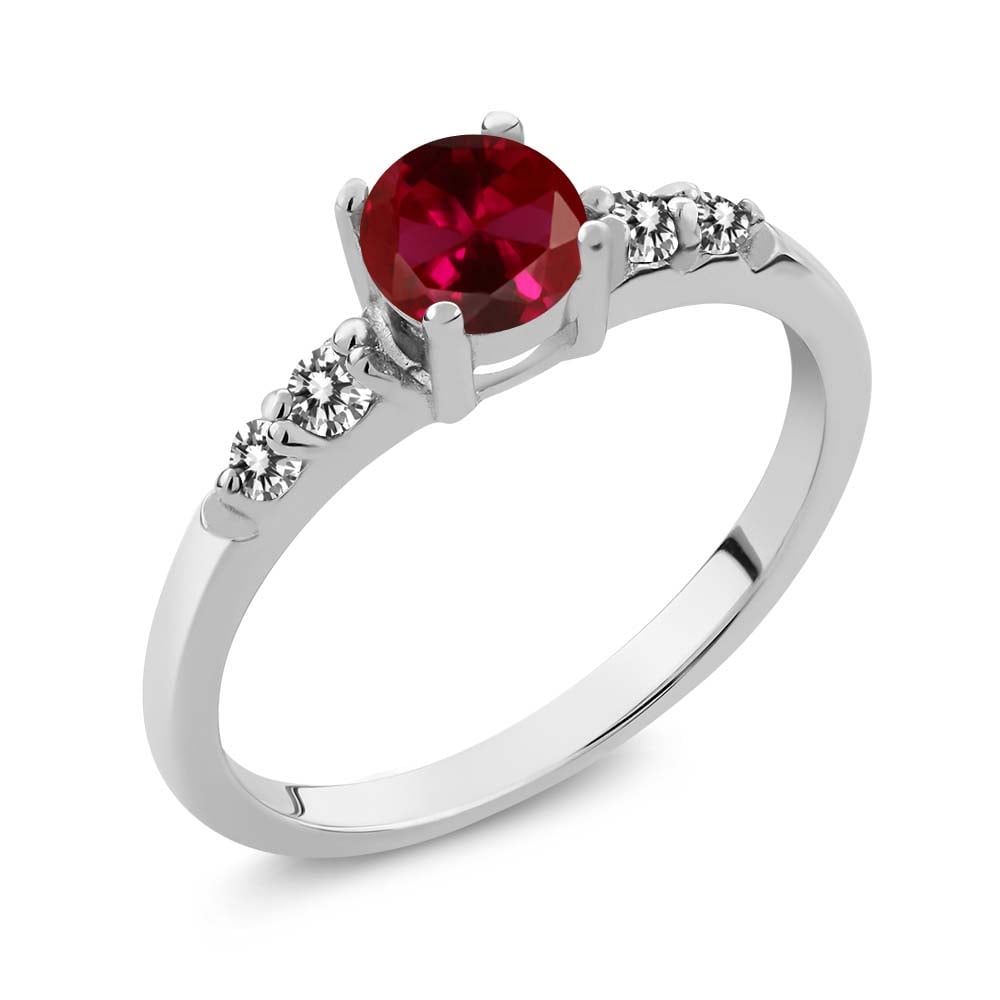 0.79 Ct Round Red Created Ruby White Diamond 925 Sterling Silver Ring by