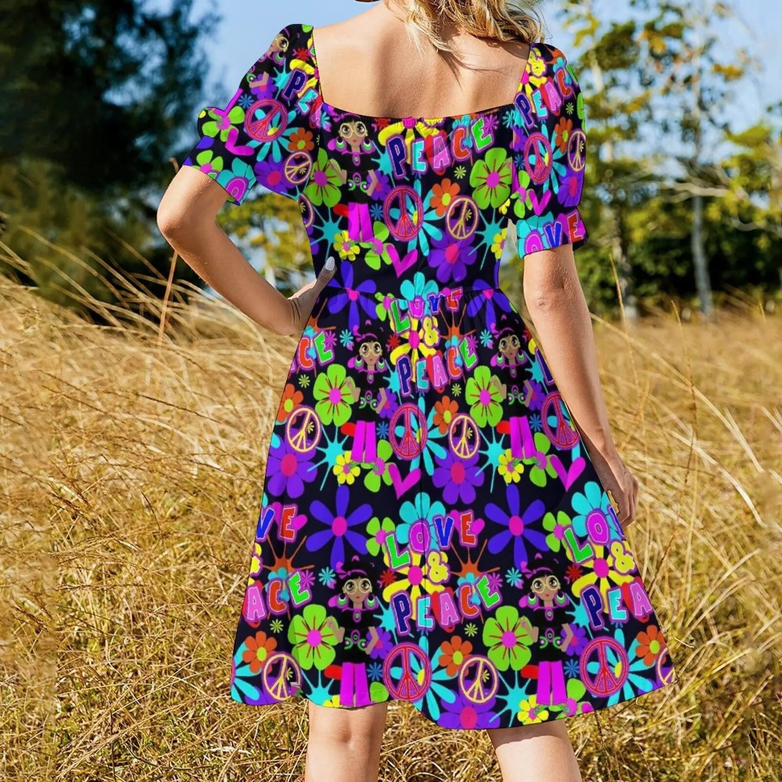 Groovy Hippie Flower Power Love & Peace Colorful 60'sRetro Pattern Dress  wedding dresses for parties Dress woman - Walmart.com