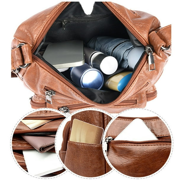 QTOCIO Women Soft Washed Leather Shoulder Bag Multi-Zip Spacious