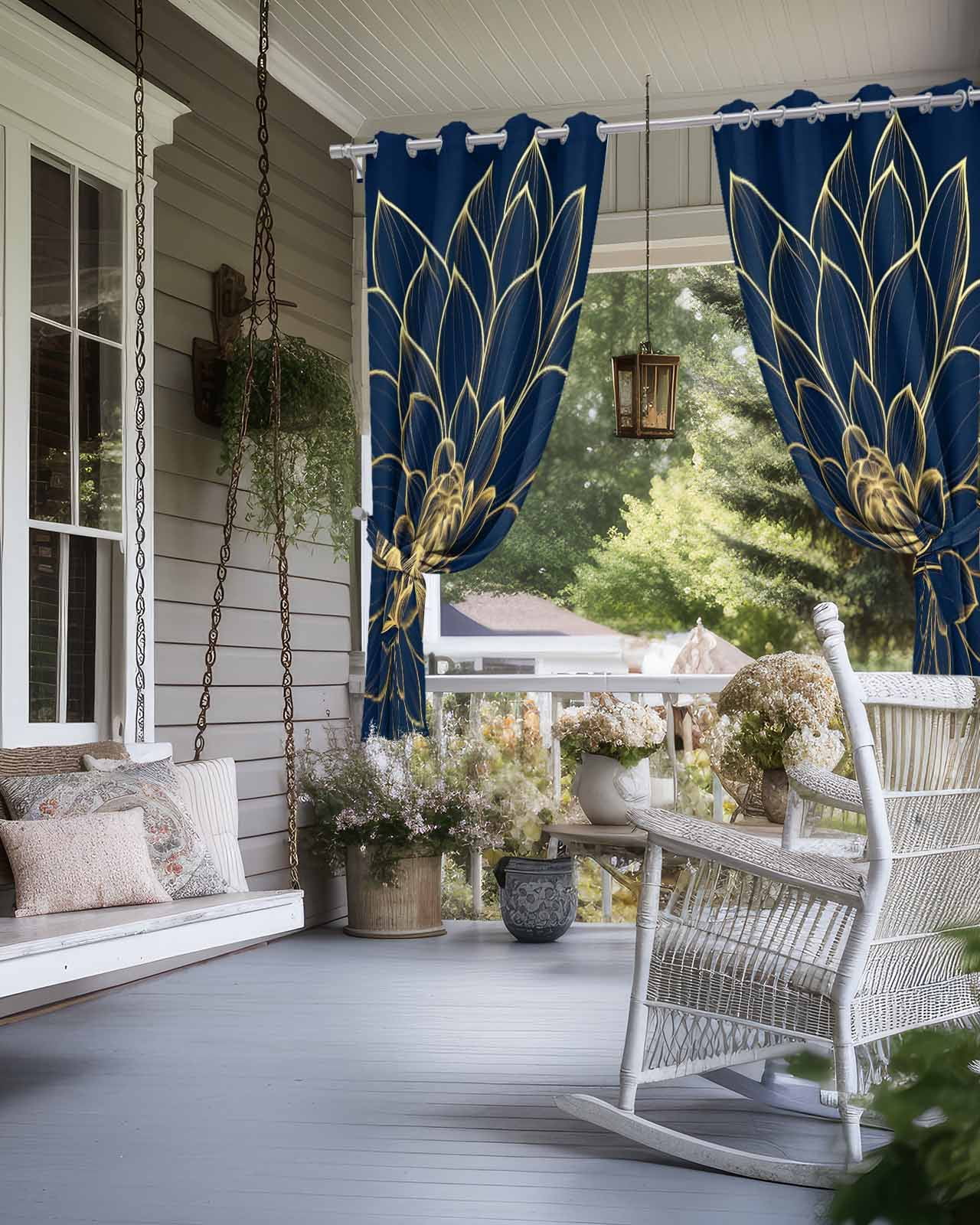 Navy Blue Yellow Spring Floral Outdoor Curtains for Patio, Chic Blossoms Botanical Privacy Drapes Grommet Waterproof Outside Curtains for Porch/Cabana/Balcony 54"x 108", 1 Panel