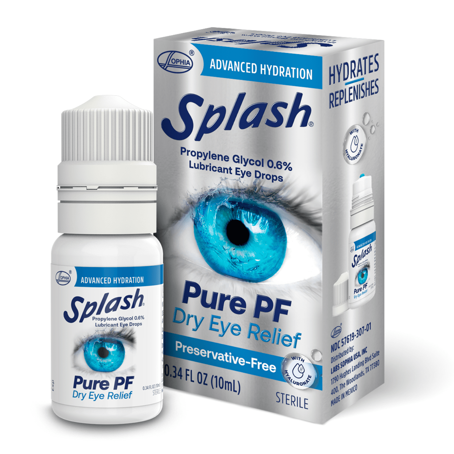 Splash Pure PF Preservative-Free Lubricating Eye Drops for Dry Eyes, Advanced Hydration with Hyaluronate, Smooth, Comfortable Feel, Multi-Dose Bottle, 0.34 Fl Oz