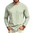 thumbnail image 2 of Dwelliawo Men's Long Sleeve Striped Shirts Crew Neck Spring Fall Casual T-Shirts Regular Fit Soft Basic Tops Light Green S, 2 of 4