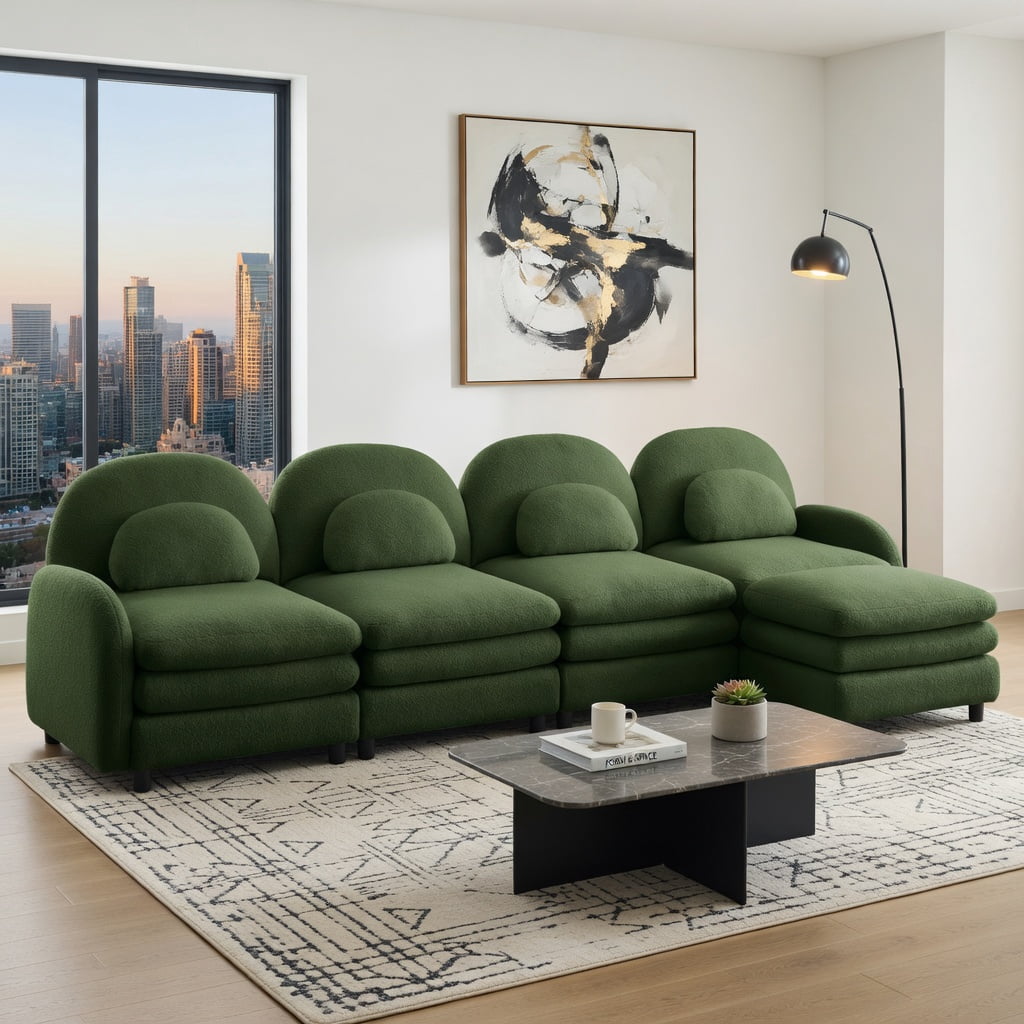 Hommoo Teddy Fleece 4-Seat Modular Sectional Sofa, Cloud-Like Double-Layer Cushion, Curved Backrest & Armrest, Movable Ottoman, Easy Assembly, Green