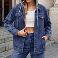 thumbnail image 6 of Nowekniz Women's Hooded Denim Shacket Jacket, Drawstring Button Front Long Sleeve Washed Jean Jacket with Pockets, Casual Western Outerwear, 6 of 7