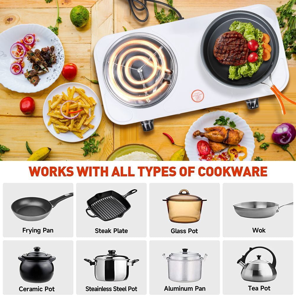 Hinzonek 2000W Portable Electric Double Burner, Hot Plate Kitchen Cooktop Cooking Stove Frying Pan and Easy to Clean for Home or Dorm, Adjustable Temperature, White