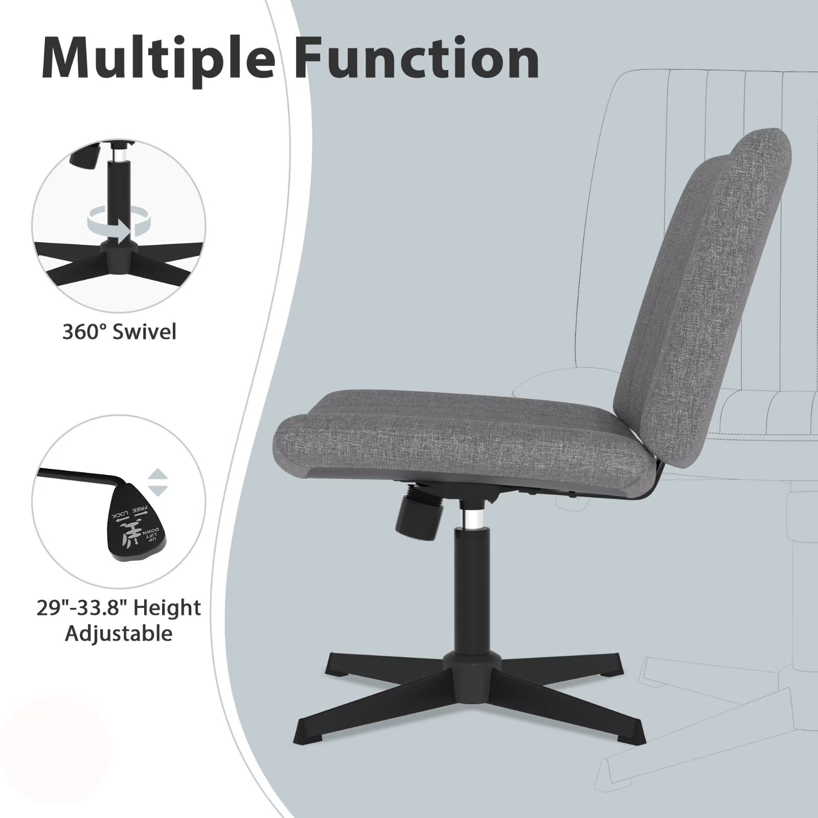 YRLLENSDAN Criss Cross Chair Wide Desk Chair Comfy Computer Chair Vanity Chair Wide Office Chair No Wheels Cross Legged Office Chair Armless Office Chair, Grey