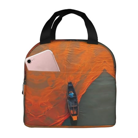 Insulated Lunch Bag for Women Men - Orange Net Fishing Boat Leakproof Cooler Lunch Box for Women Men  Lunch Tote Bags for Work School Picnic Travel