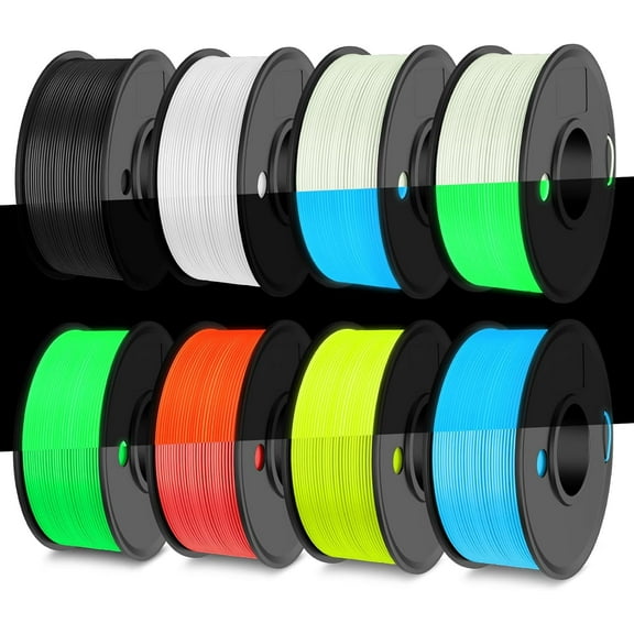 Glow in The Dark PLA Filament, Neatly Wound Luminous PLA 3D Printer Filament Bundle, 250g/Spool, 2 Spool of PLA Black/White and 6 Spools of Glowing PLA Blue/Green/Red/Yellow