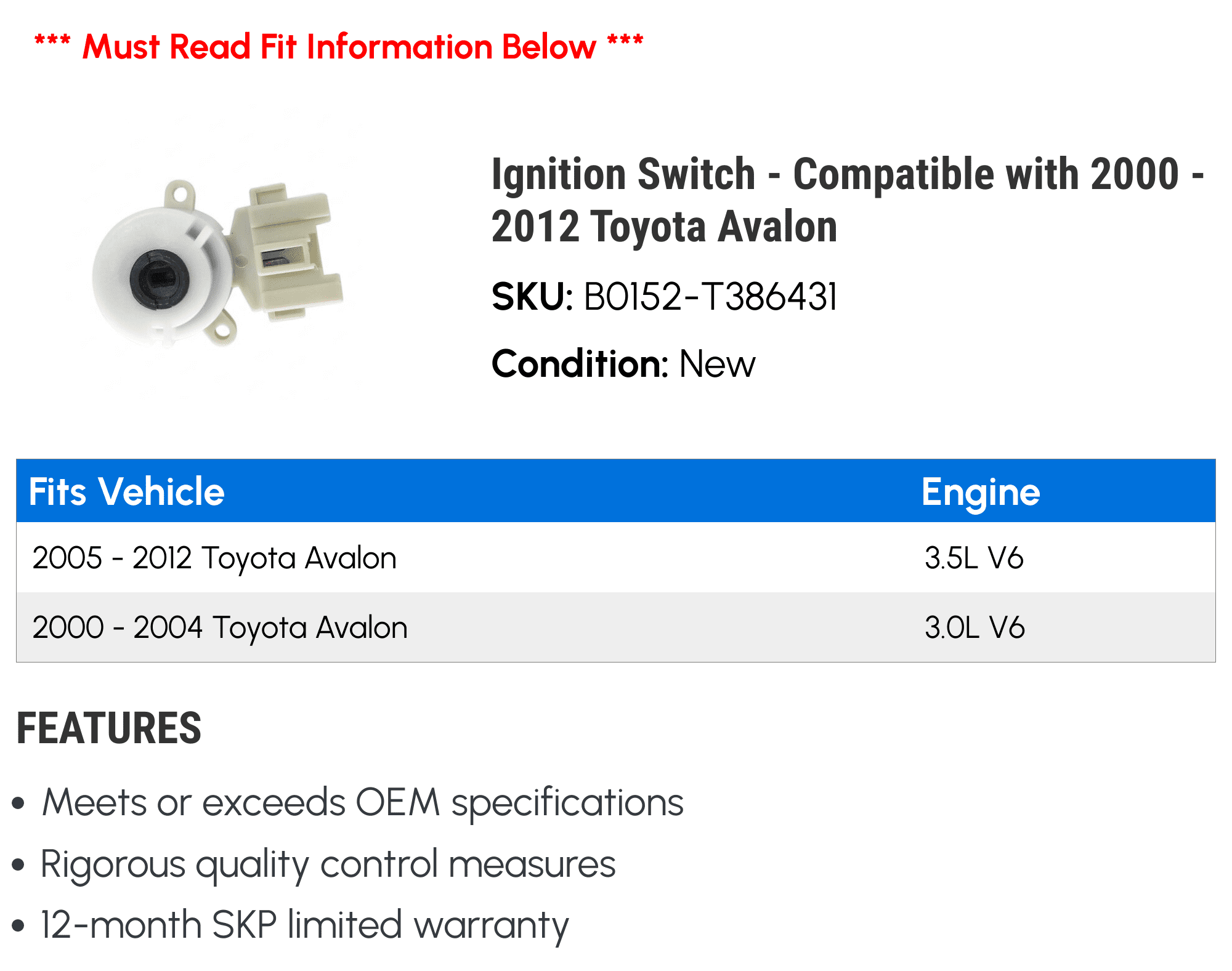 Ignition Switch - Compatible with 2000 - 2012 Toyota Avalon 2001 2002 2003 2004 2005 2006 2007 2008 2009 2010 2011