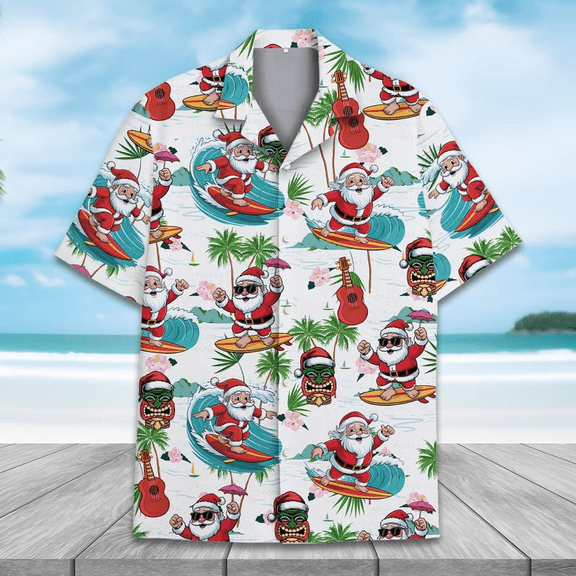 Christmas Santa Surfing Hawaiian Shirt, Funny Santa Summer Shirt, Beach Xmas Outfit