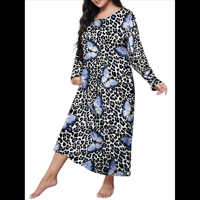 Camisón de Larga para Mujer, Estampado, Camiseta, Vestido de Dormir Mariposa Azul XXL
