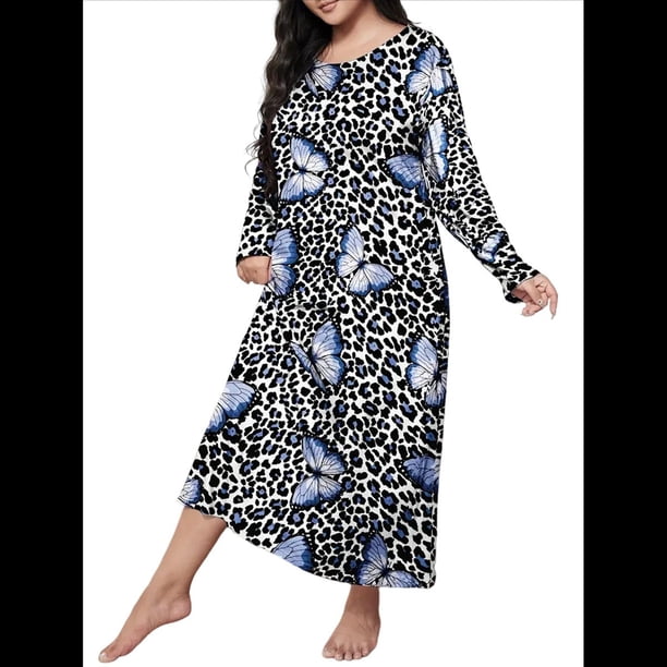 Camisón de Larga para Mujer, Estampado, Camiseta, Vestido de Dormir Mariposa Azul 5XL