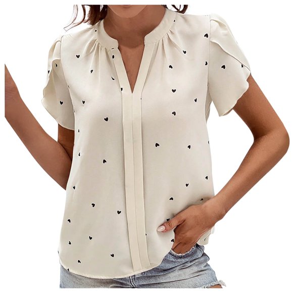 AherBiu Womens Tops Dressy Casual Notch V Neck Heart Printed Petal Sleeve Shirts Chiffon Blouse