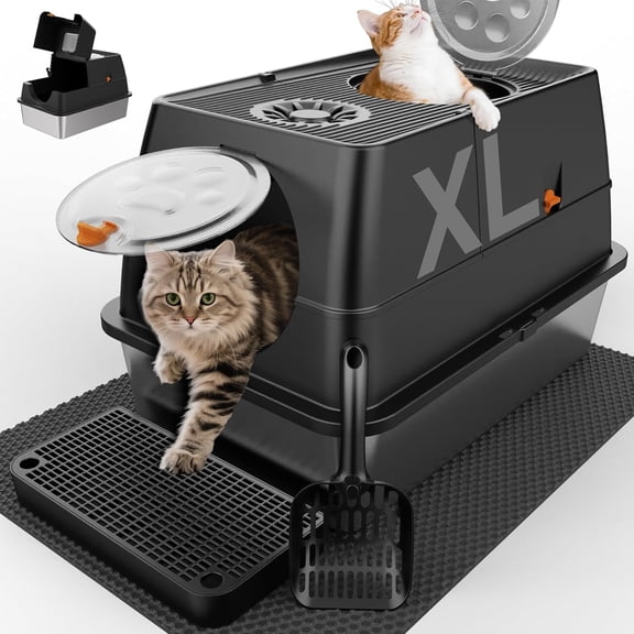 Stainless Steel Litter Box with Lid, XL Extra Large Litter Box, Enclosed Top Entry Metal Litterbox for Big Cat, Easy Cleaning, Anti-Leakage & High Sided with Mat, Aisle & Scoop, Pink