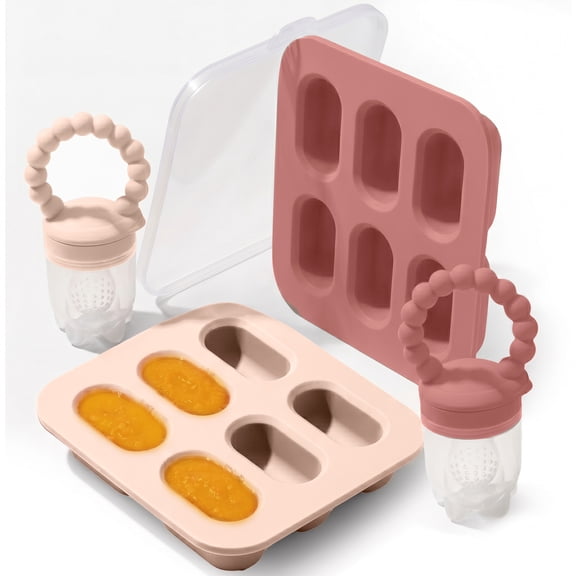 Silicone Baby Fruit Feeders with Freezer Tray for Batch Prep, Set of 2 Safe & Convenient Includes Extra Pouches & Travel Lids, Dishwasher Safe, Pink