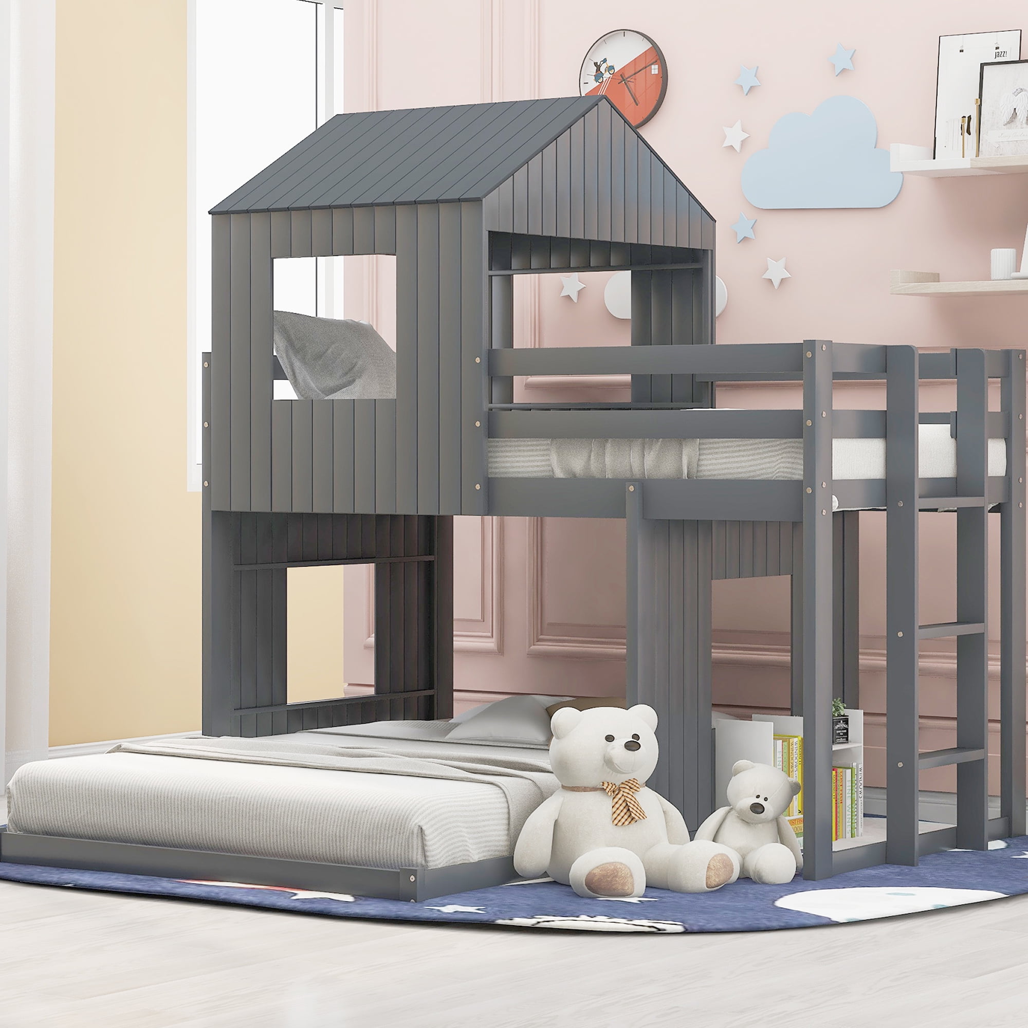 Cfowner Wooden Loft Bed for Kids, Twin Over Full Bunk Bed with Playhouse, Farmhouse, Ladder