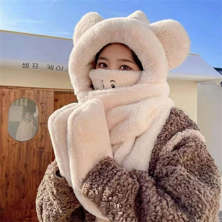 Winter Hats Bear Cap And Scarf 2 In 1 Cute Cartoon Thick Hat