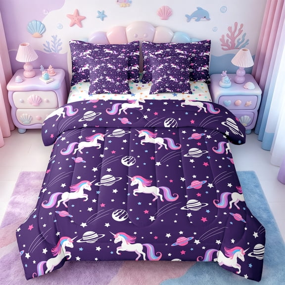 Manfei Cute Cartoon Unicron 7-Piece Twin Bedding Sets,Planet Stars Print Bedding Comforter Set,Purple White Pink Sheet Sets For Girls,Luxury Bedroom Decor Reversible