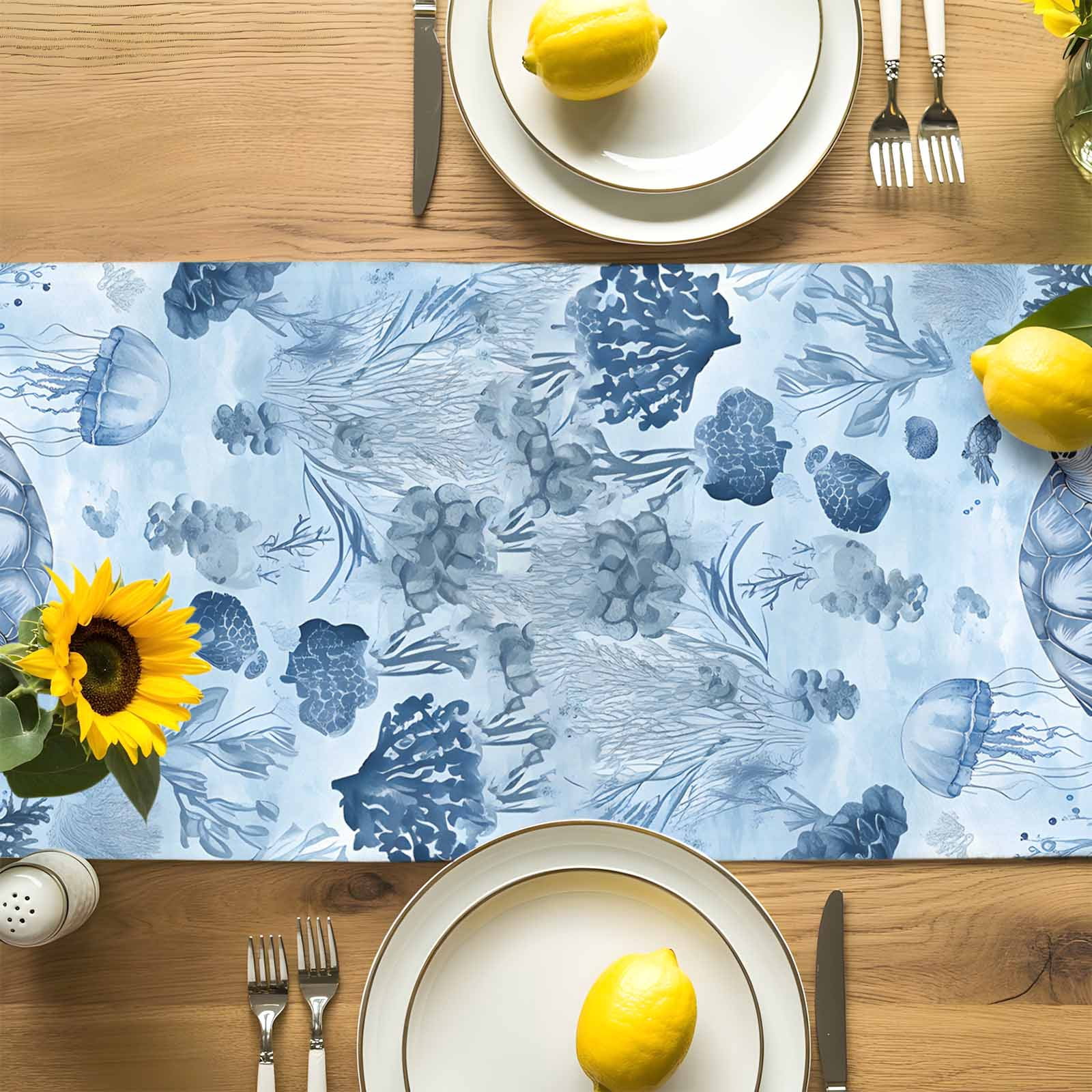 Sea Turtle Jellyfish Blue Ocean Table Runner 90 Inches Long, Coral Marine Life Table Runners Tabletop Scarf Kitchen Dining Tables Decoration for Home Party Indoor Outdoor